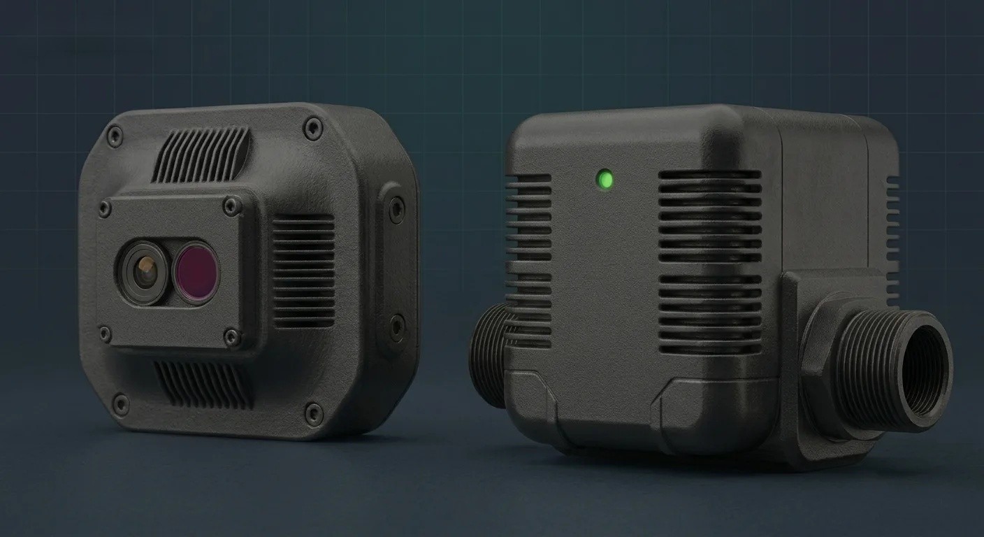 Two dark grey sealed units side by side. The left one carries a pair of lenses behind a recessed faceplate; the right one has a green status light and threaded ports on either side for the spray line.